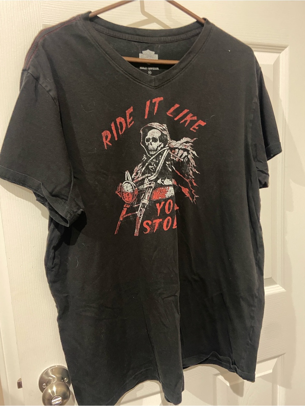 Harley-Davidson Black V-Neck Tee with Red Skull Rider Graphic
